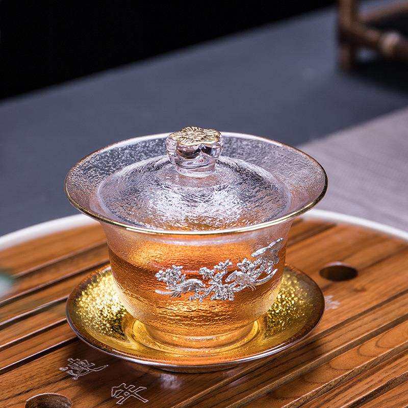 耐纯锡加厚描金梅花琉璃三才盖碗茶杯子透明玻璃加厚加热沏茶盖碗