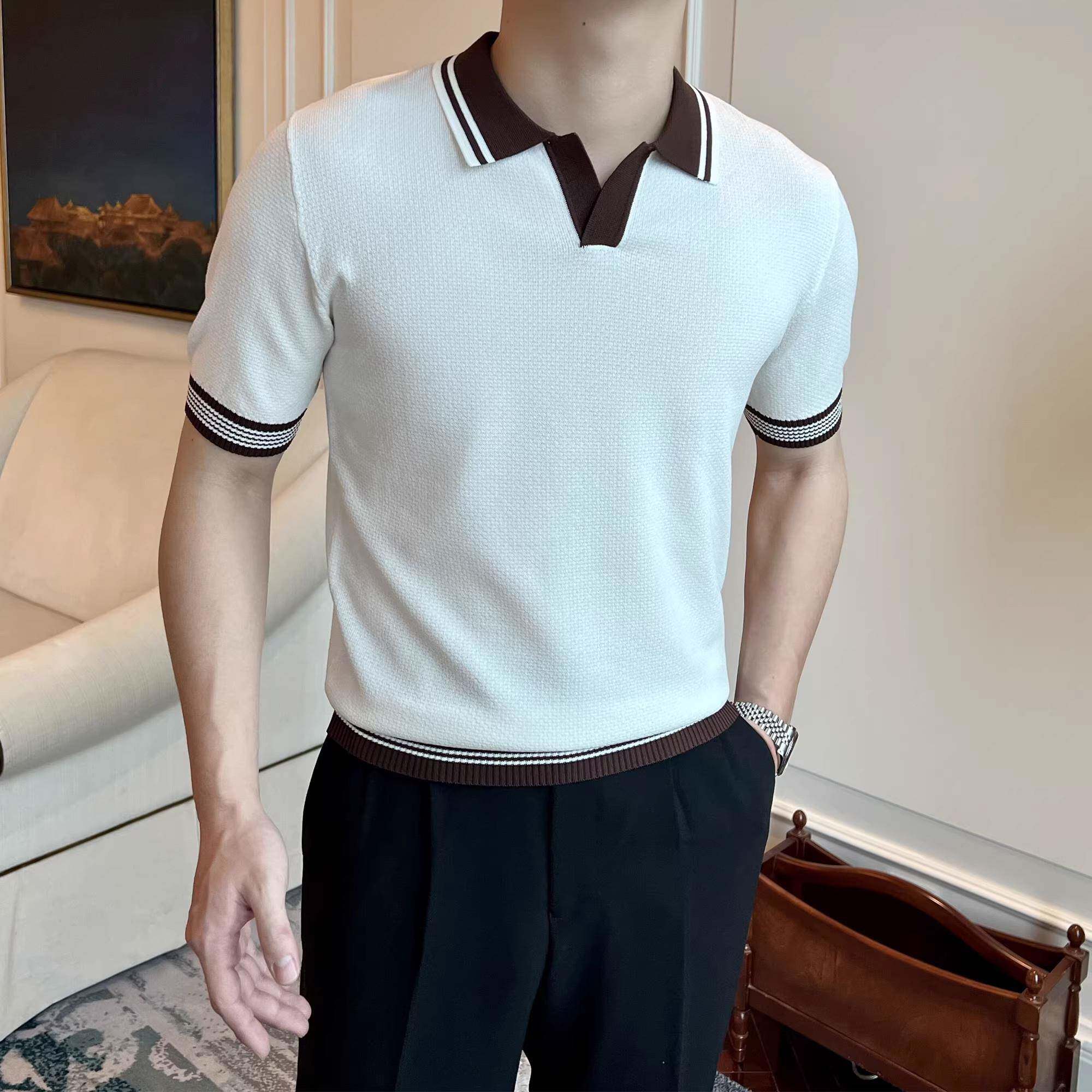 Upscale潮人 新款春夏POL0衫男士英伦复古翻领高级感撞色修身短袖