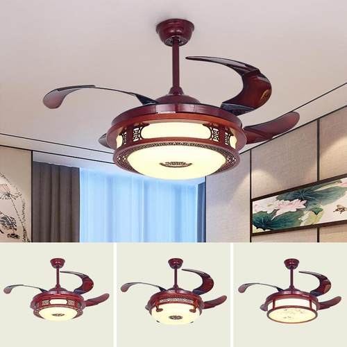 中式餐厅led智能隐形风扇吊扇灯具静音卧室书房家用仿复古实木灯