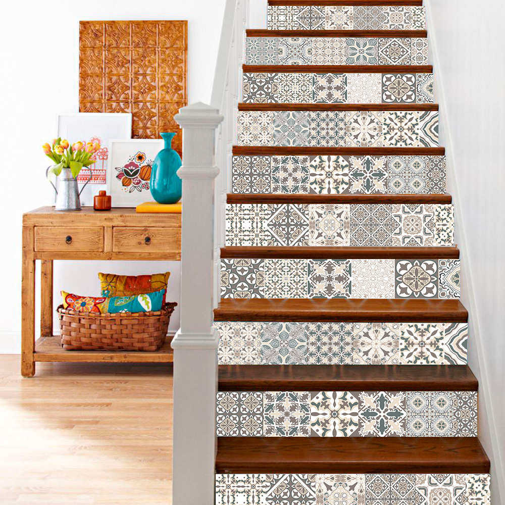 Lazada货源13片装欧式风格花砖楼梯贴楼梯自粘墙贴家居装饰,家居饰品,软装墙贴,淘宝优惠券,粉丝福利购,淘宝优惠卷