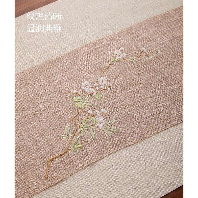 新中式刺绣禅意茶席棉麻桌旗轻奢高端茶桌垫布茶台垫长条桌布茶旗图片