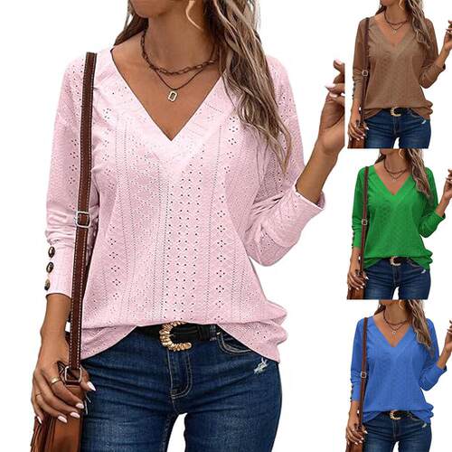 Women's top collar long sleeved hollow lace embroidered