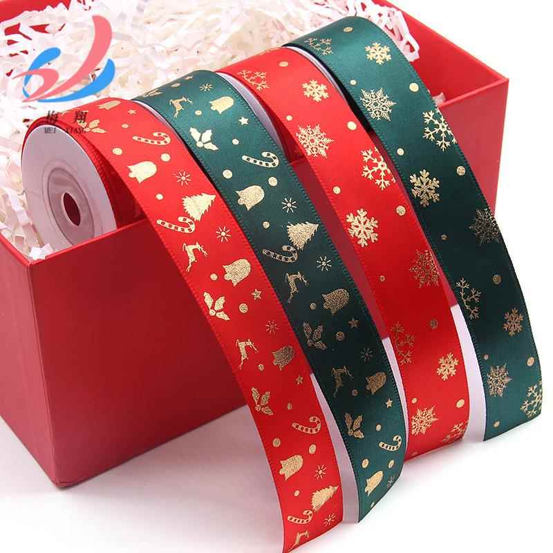 年底促销2.5cm 10码圣诞烫金涤纶带外贸亚马逊供应丝带印刷丝带