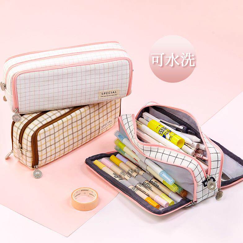 安蔻简约大容量文具盒日系韩版笔盒创意多功能帆布笔袋多层文具袋