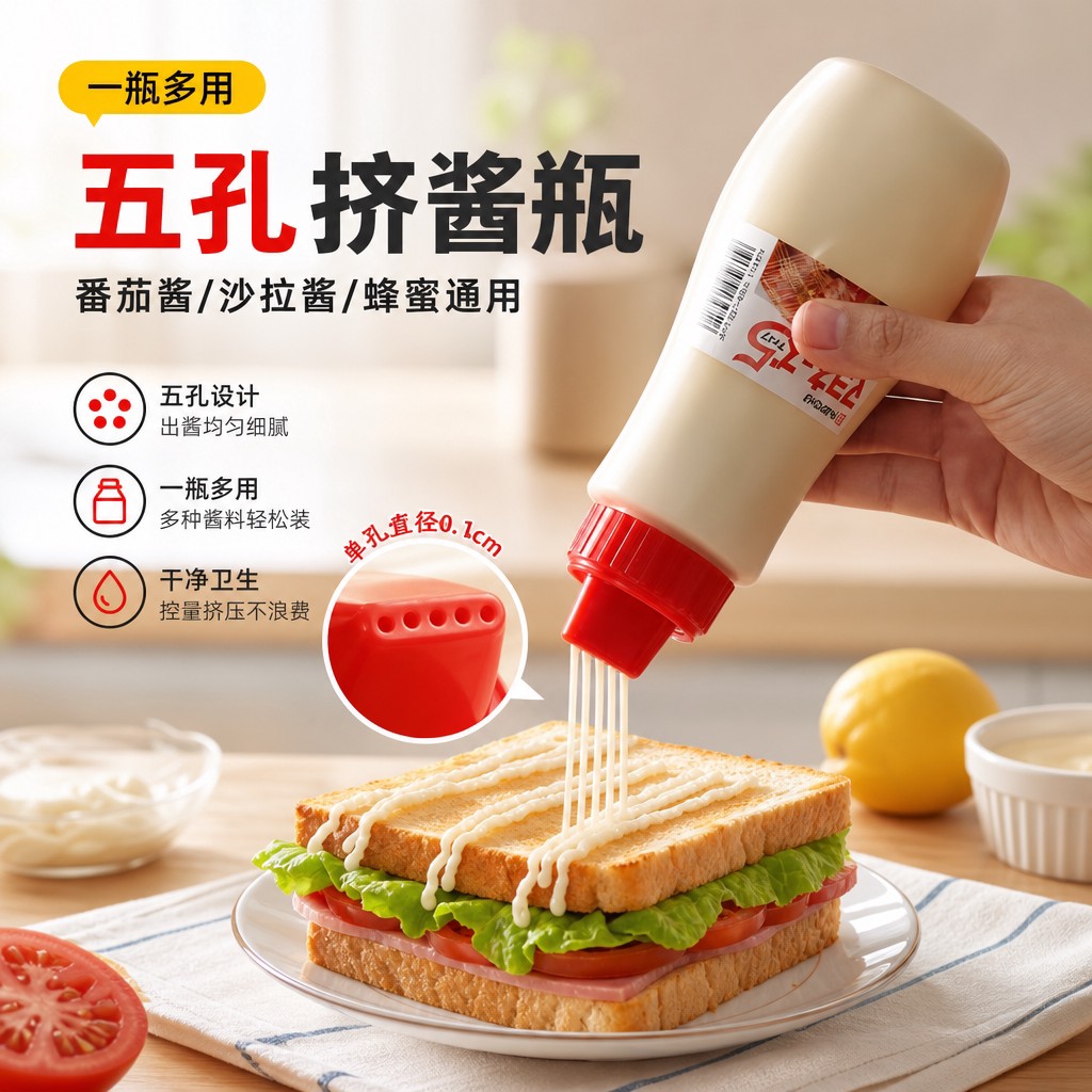 食品级多孔挤酱瓶家用番茄酱沙拉酱按压瓶防漏果酱烘焙商用挤压瓶