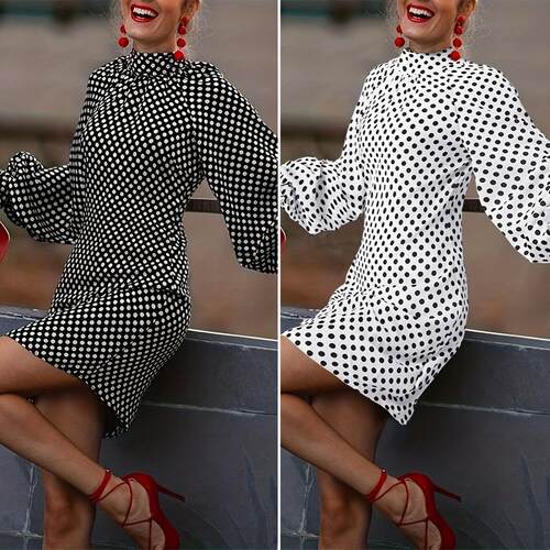 Polka Dot Print Bishop Sleeve Dress Elegant Long Sleeve