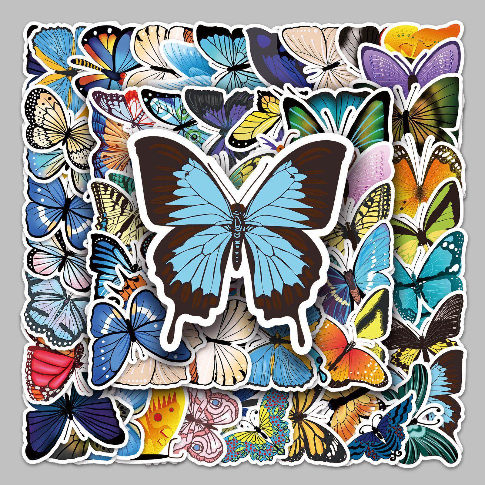 58张不重复彩色蝴蝶涂鸦卡通昆虫行李箱摩托车汽车防水装饰贴纸