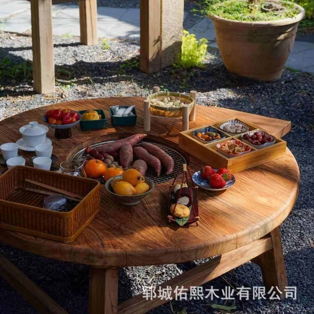 老榆木围炉桌茶桌阳台野餐桌冰茶桌圆形户外实木烧烤火锅桌,住宅家具,家用茶台/茶桌,淘宝优惠券,粉丝福利购,淘宝优惠卷