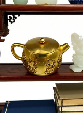 复古纯铜鎏金仿金茶壶仿古做旧小摆件 黄铜工艺品 文创市集老物件