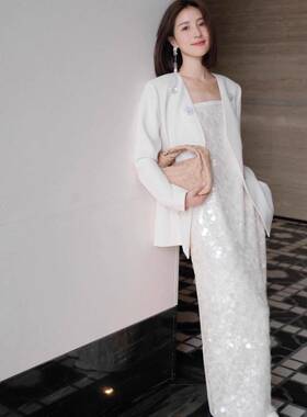 1S blingbling亮片套装立体花朵白色西服外套礼服晚宴吊带连衣裙