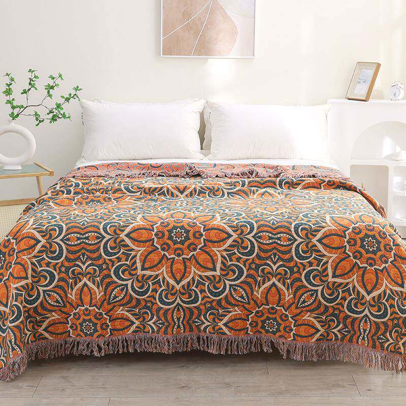 莎舍高端全棉流苏床盖毛巾被纯棉纱布加厚高档床单双面四季休闲毯