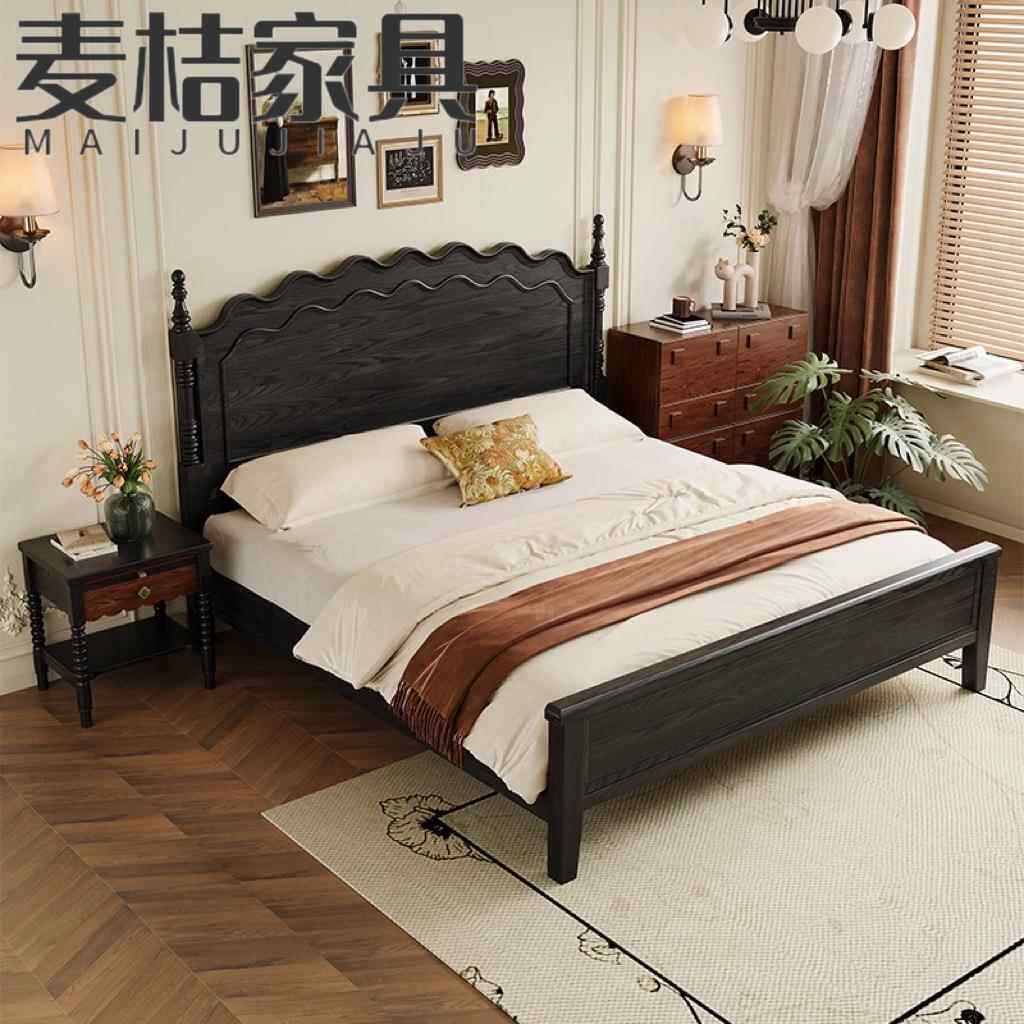 中古白m蜡LES木木床现代实简约波浪双人床复古法式床主风卧1.8轻