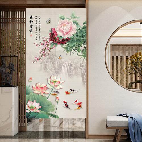 中式中国风牡丹长版门帘玄关厕所隔断窗厨房遮挡帘卧室化妆室挂帘