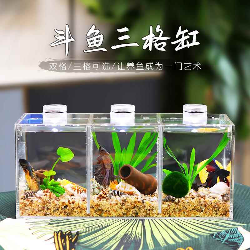 压克力鱼缸斗鱼缸长方形盖板隔离板小型生态斗鱼双格缸专用带灯
