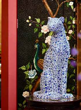 【本尼家】BJ06马赛克青花瓷手工贴片家居装饰品玄关摆件豹子