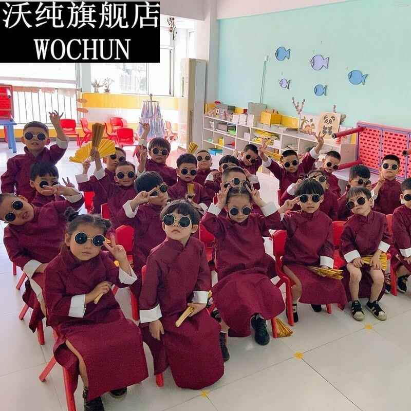 儿童相声大褂说书人演出服民国长衫表演服扇子男女童元旦舞蹈服装