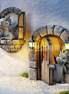 直销新款跨境新款小龙雕像门窗摆件卡通雕像花园家居装饰品挂件树