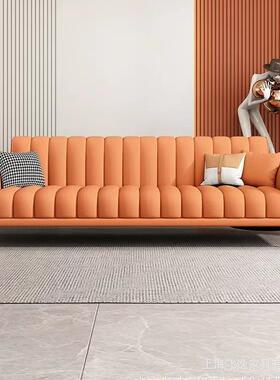 网红款小户型科技布客厅接待设计师拉线意式轻奢三人橙色布艺沙发