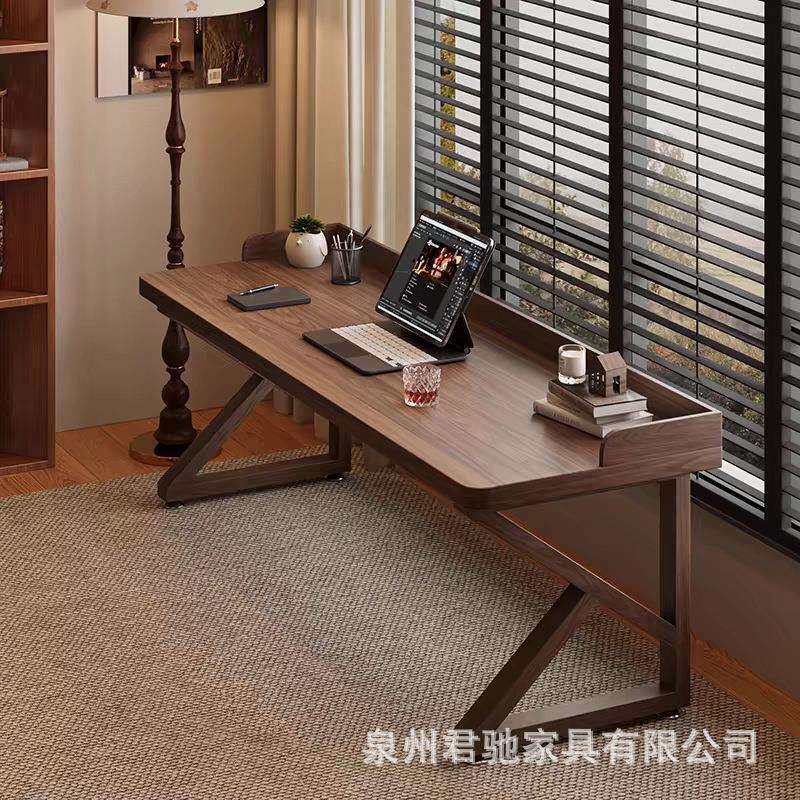 全实木双人书桌加挡板台式电脑桌长条电竟床边桌子家用简约学习桌