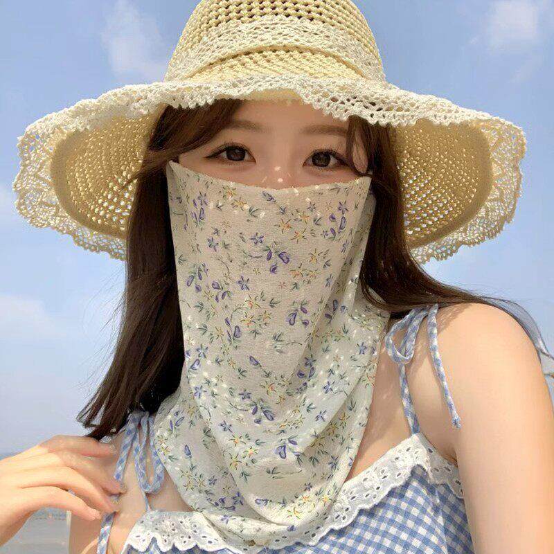 日本小碎花防晒面罩女夏季护颈轻薄透气开 车遮脸文艺骑车遮阳面