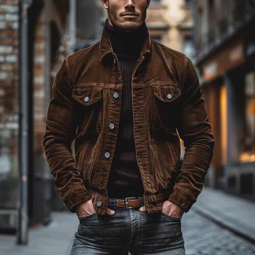 Men's pocket corduroy long sleeved striped lapel jacket