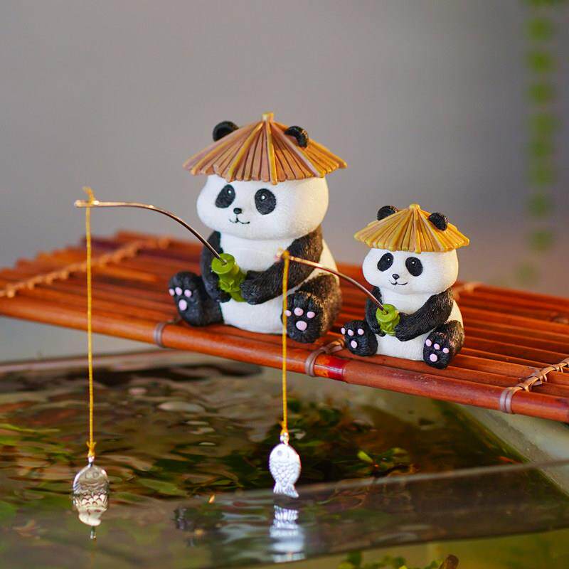 鱼缸造景装饰摆件生态古法边草缸乌龟缸熊猫钓鱼中式假山流水鱼池