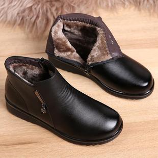 正品季妈妈鞋底棉鞋女冬真皮软舒适防滑人短靴子加绒保暖中老老年