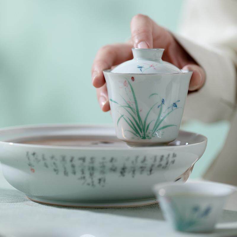 束刻 手绘兰花盖碗茶杯单个家用泡茶碗手工陶瓷不烫手泡茶杯日式