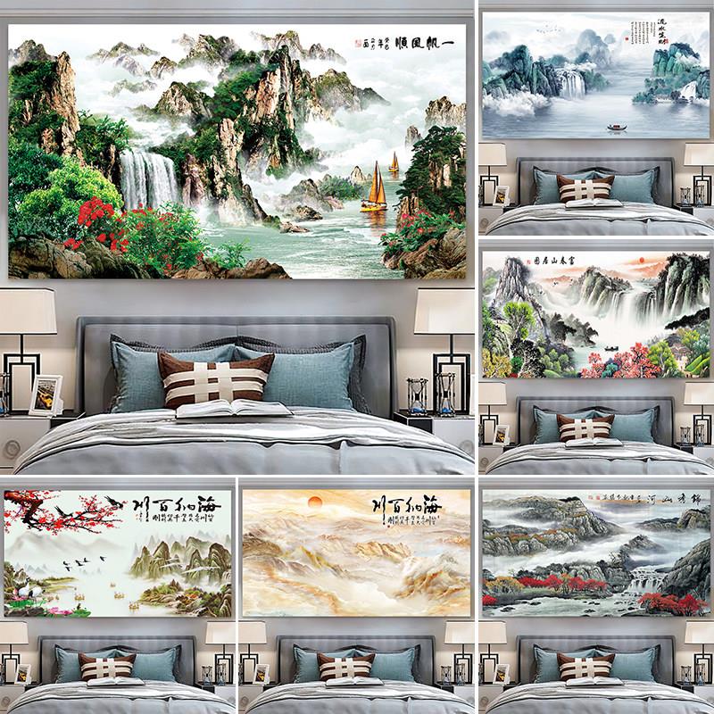 中式山水画背景布挂布ins客厅房间书房装饰床头墙布一帆风顺布艺
