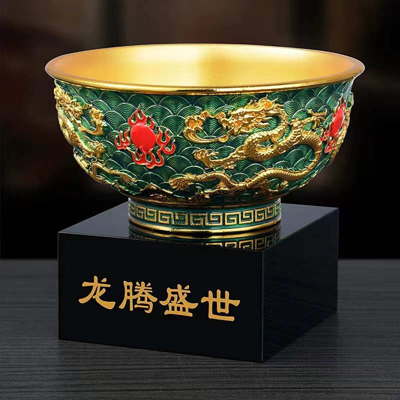 复古珐琅彩金碗摆件仿古精雕双龙戏珠碗家居风水装饰铜器入门收藏