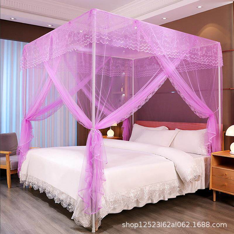 三开门蚊帐带加粗支架加密加厚1.5米1.2米帐纱落地家用宫廷纹帐子