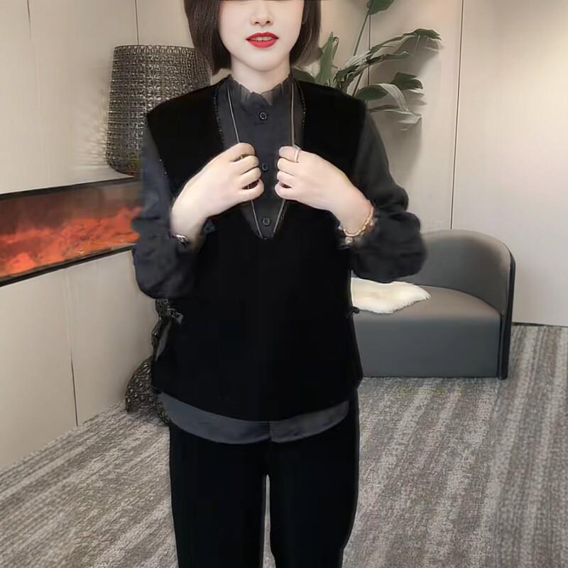 新品春季新款V领侧盘扣开叉马甲F宽松显瘦时尚百搭无袖背心马夹妈
