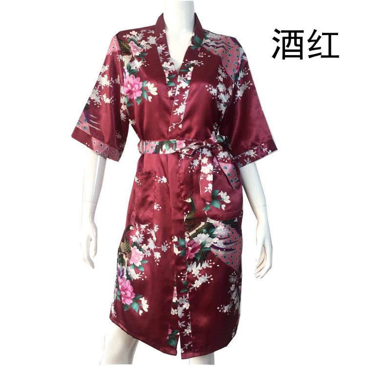 新款直销直供孔雀睡袍夏薄款性感冰丝绸大码浴袍长款现货新娘和服