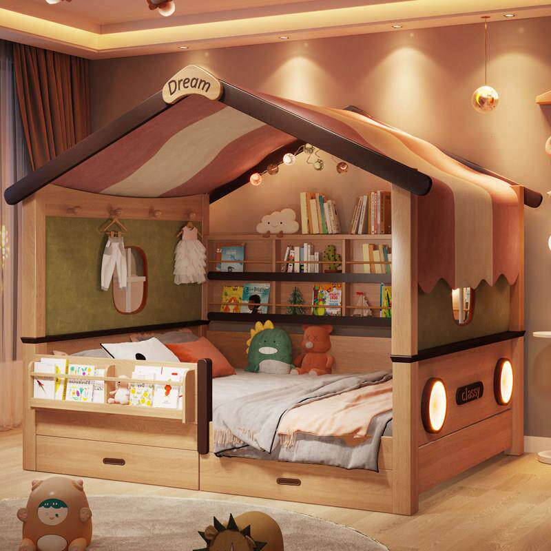 儿童床树屋床帐篷男孩木屋单人女孩儿童房1.35米带护栏卧室实木床