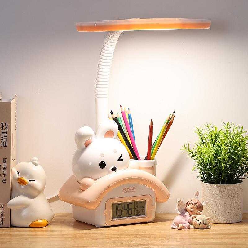 新款台灯护眼学习宿舍儿童书桌写字台灯阅读卧室笔筒带钟表多功能