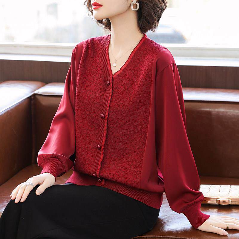 本命年妈妈春秋红色针织小衫2025新款中老年女装长袖打底上衣服40