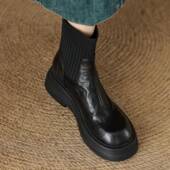 时尚 春季 厚底短靴女瘦瘦靴2026秋冬新款 百搭黑色圆头针织弹0128ed