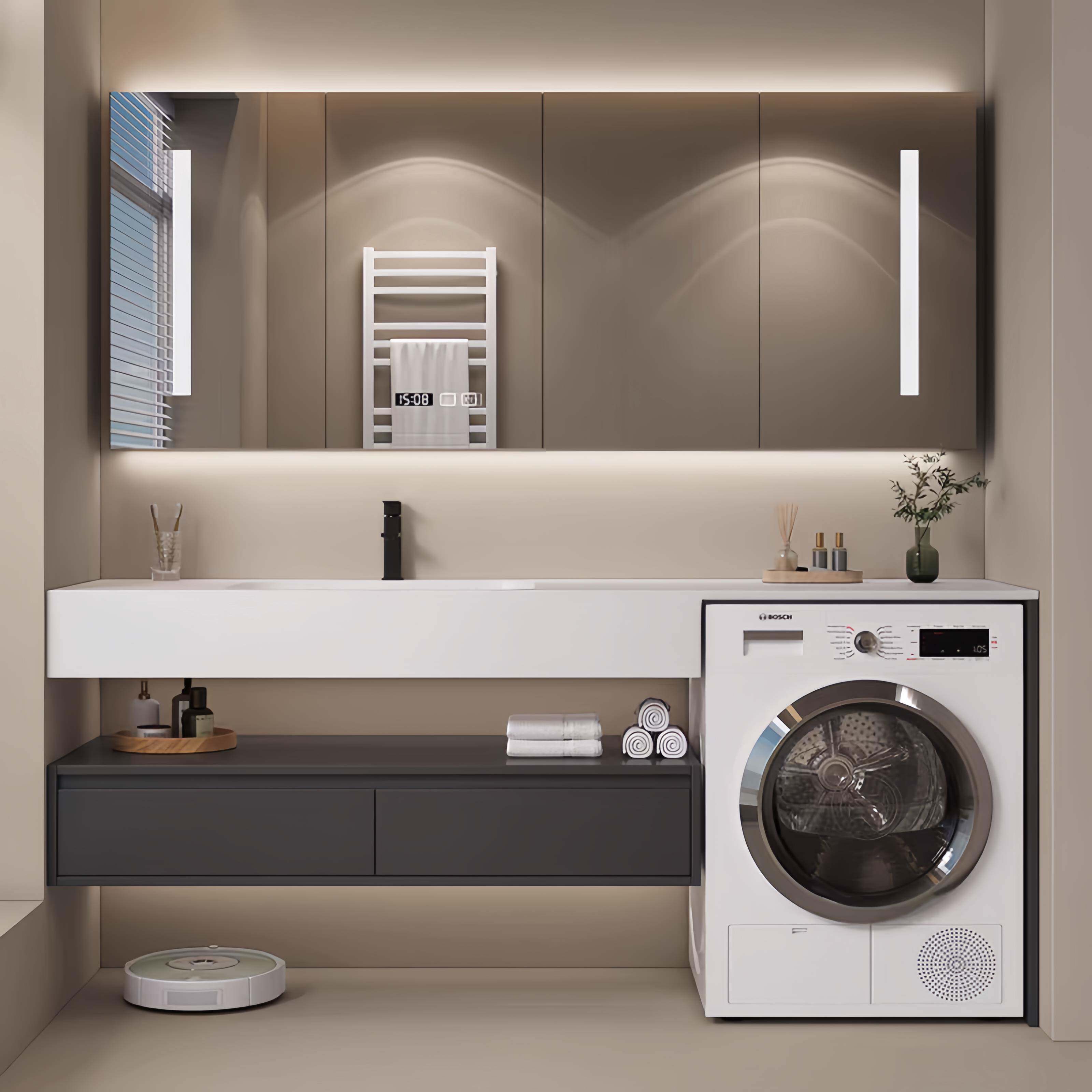 橡木浴室柜洗衣机一体柜组合洗漱台洗手盆柜岩板无缝陶瓷盆热弯盆