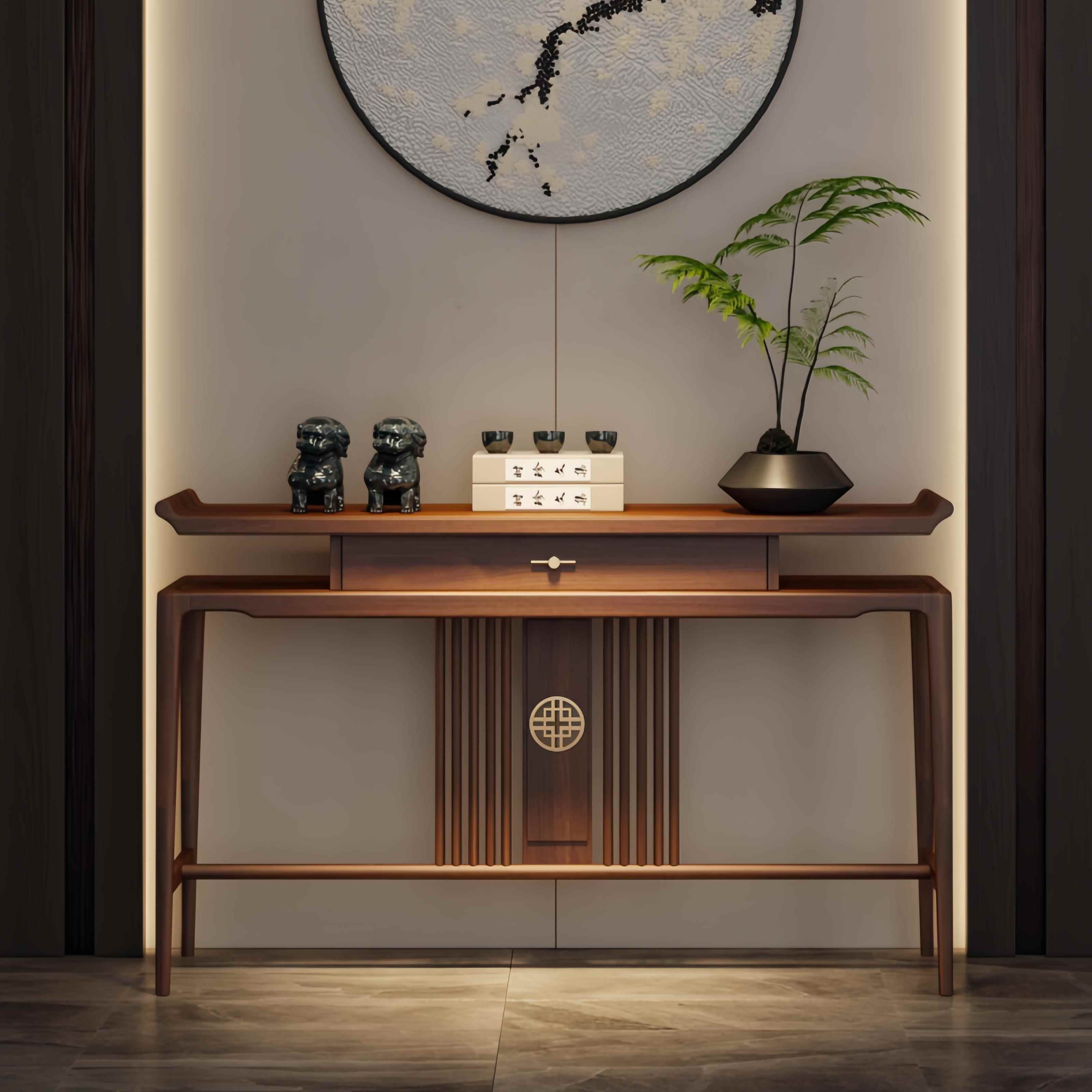 新中式乌金木玄关桌隔断靠墙条案入户玄关柜全实木轻奢玄关台定制