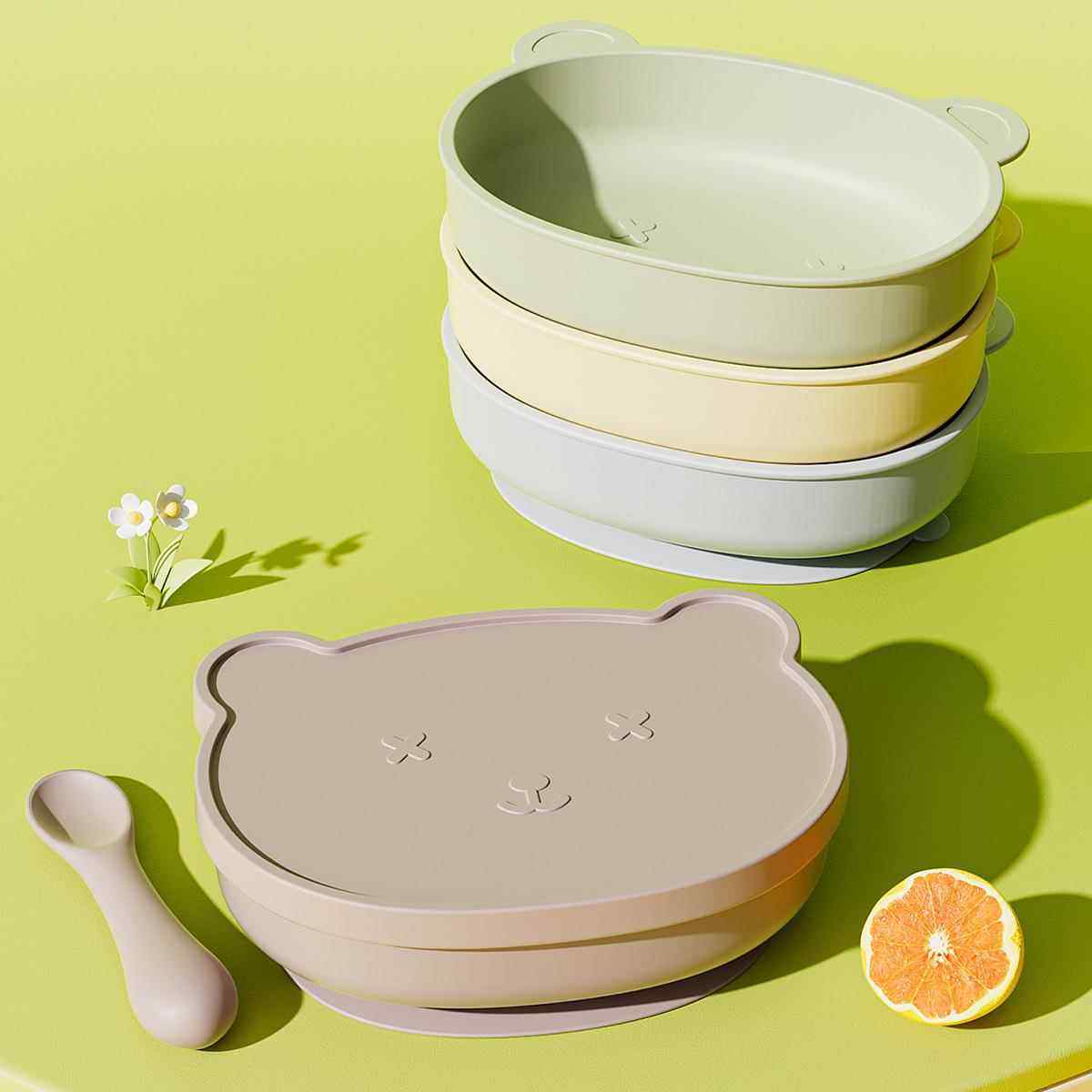 热销儿童硅胶碗食品级婴儿带盖辅食碗宝宝学吃饭防摔吸盘式小熊碗