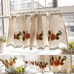棉麻半帘短门帘刺绣咖啡帘成品厨房小窗帘纱整体橱柜帘隔断窗门帘