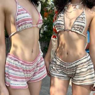 純欲海邊度假小胸短褲 比基尼 復(fù)古條紋分體泳衣女式 2025新韓版