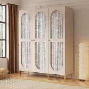 型奶风小户家用卧室UPW简约现代玻油璃门衣橱木实储物柜 衣柜法式