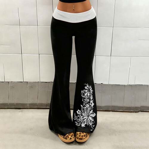 Street Style Y2K Color-Block Botanical Print Panel Waistband