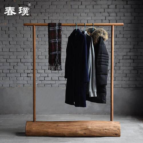 老榆木实木落地衣架新中式创意单杆式挂衣架家用卧室衣帽收纳层架