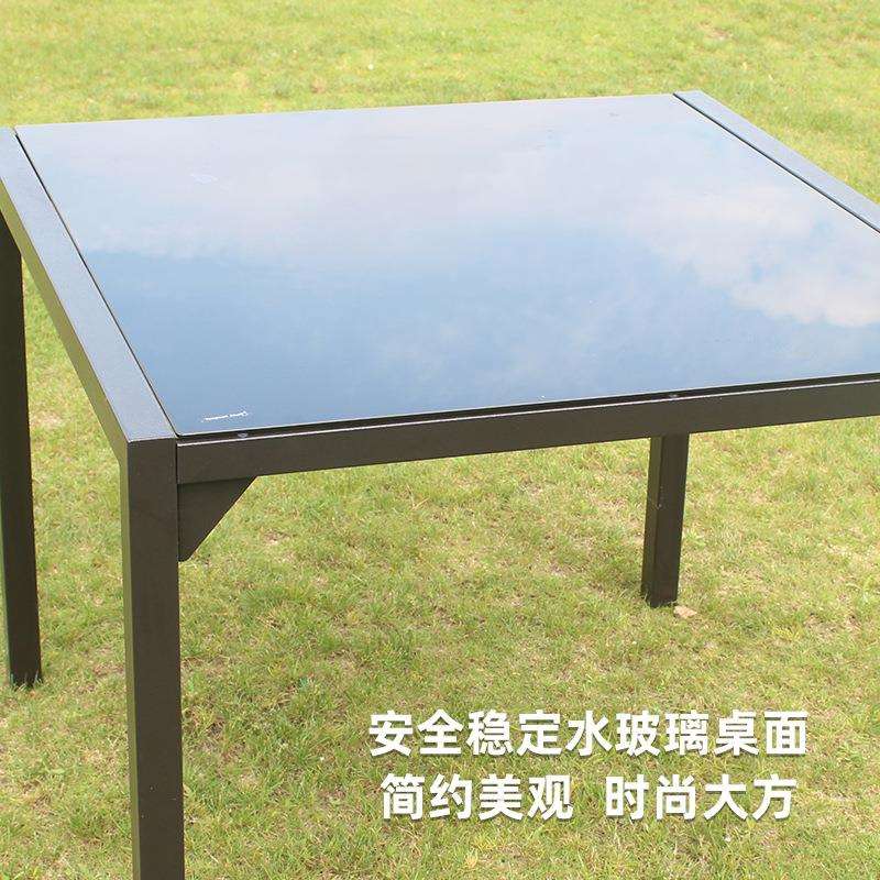 铁艺方形拆装桌89*90*71现代简约休闲黑丝印钢化玻璃方桌子组装桌