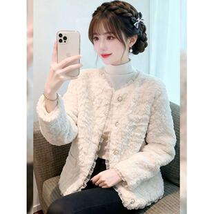 秋冬季女士小香风毛毛短外套女装加棉百搭保暖圆领纽扣毛茸茸上衣