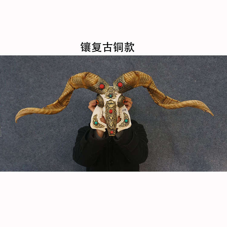 精品藏式包铜羊头骨标本工艺品 镶铜牛头羊头家居装饰品挂件
