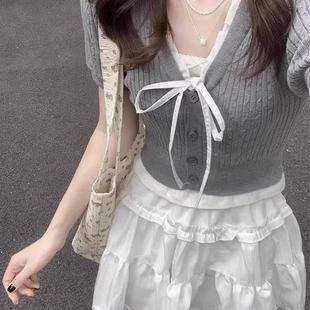 上衣 设计感小众V领系带针织短袖 女夏季 2025新款 独特别致甜美短款