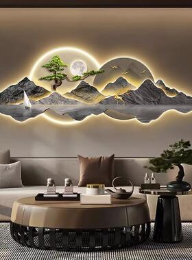 轻奢客厅装饰画仛寂风新款山水壁画沙发背景墙挂画高级感壁灯发光
